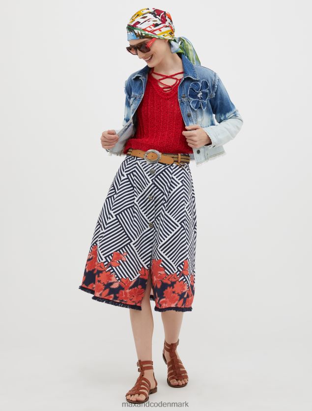 Kvinder stribet blusset bomuldsnederdel MAX&Co. marineblåt mønster B2Z2T6767 beklædning