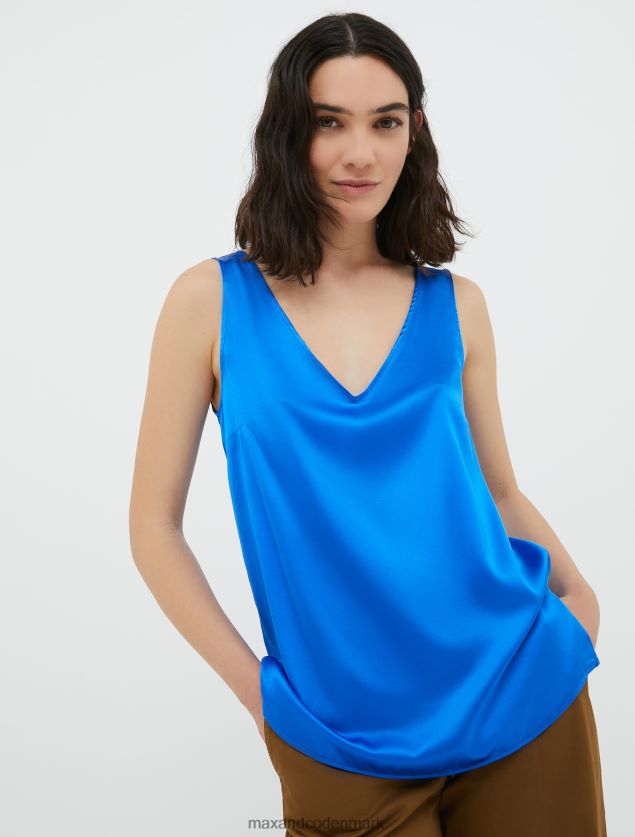 Kvinder stræk silke satin v-hals top MAX&Co. kornblomst blå B2Z2T6486 beklædning